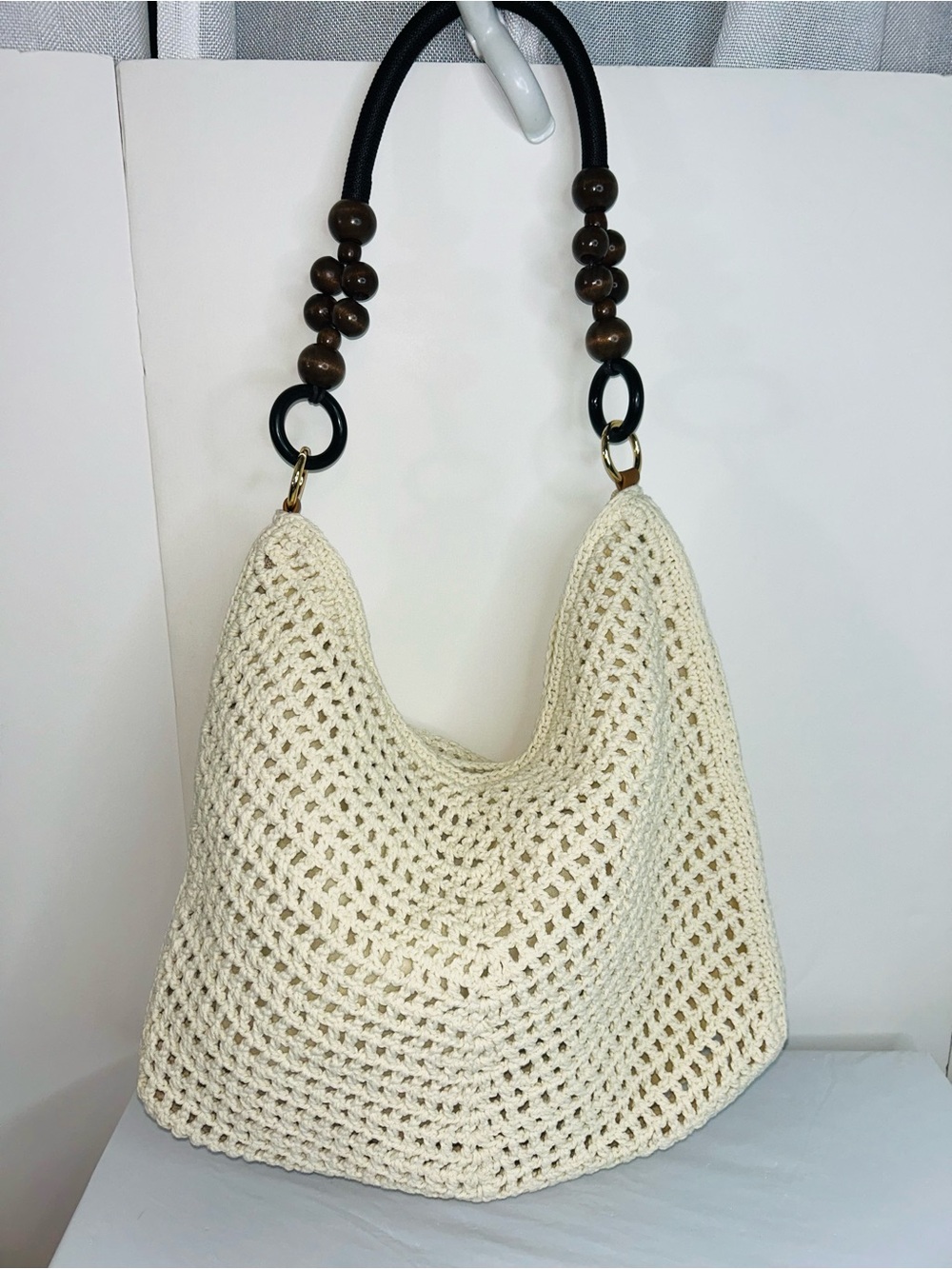 Handmade Crochet Hobo Bag with Wooden Bead Handle - Cream